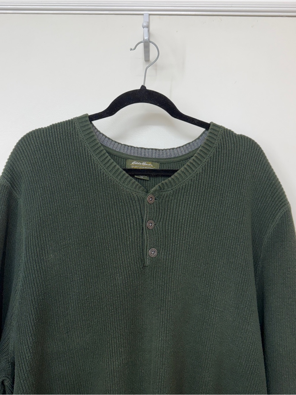 Vintage Eddie Bauer Mens XXL Henley Knit Sweater 100% Cotton Olive Green